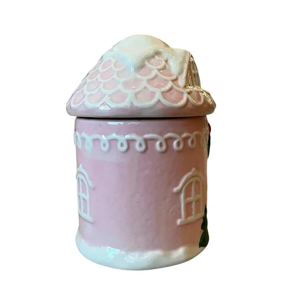Pinkmas Gingerbread House Ceramic Canister Cookie Jar 7.5in Holiday NEW